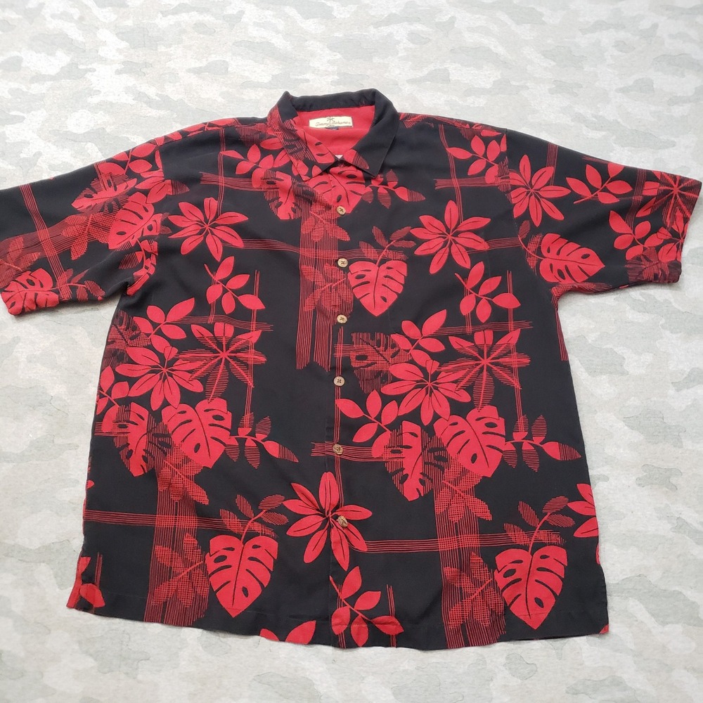 Tommy Bahama Shirt Mens Large Red Silk Tropical Floral Short Sleeve Button-Up